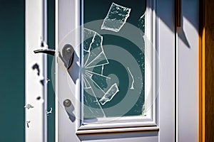 Broken glass door is shown in this photo. Generative AI