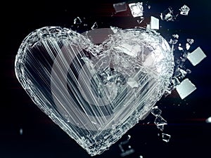 A broken glass heart with a network of cracks
