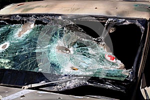 Broken glass in a medic`s car that transports the wounded. The texture of broken glass.