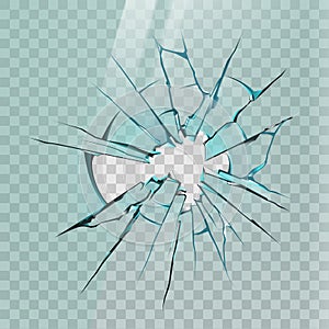 Broken glass. Realistic crack on window, ice or mirror with sharp shards and hole. Smashed screen effect, shattered
