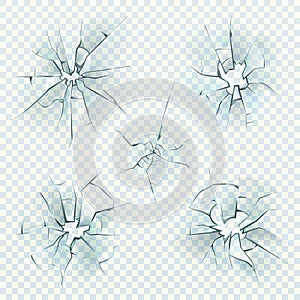 Broken glass. Realistic cracked crushed deforming mirrors crash ice, shattered screen window, bullet glass hole. Vector