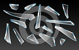 Broken glass shards, splinter of glass, vector realistic clip art on transparent background. Pieces of different shapes