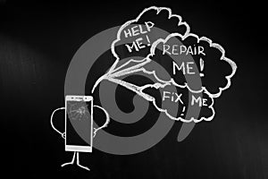 Broken glass of smartphone as a person on the black background with billboard with text `Fix me!`, `Repair me!`,`Help me!`