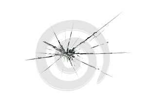 Broken glass. A split in a transparent window. Illustration of the crack. Glass cracks on a white background texture