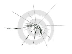 Broken glass. A split in a transparent window. Illustration of the crack. Glass cracks on a white background texture