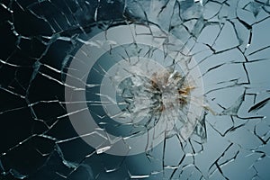 a broken glass window with a bullet hole in it