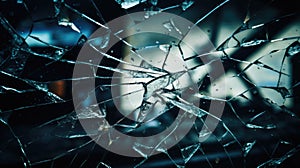 A broken glass window with a reflection of a person, AI