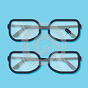 Broken glasses. Vector illustration flat design. Isolated on background. Old break glasses.
