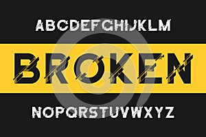 Broken glitch font. Modern sans-serif alphabet with distortion. Vector font with broken.