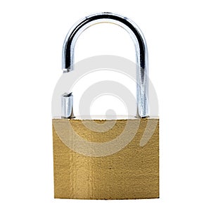 A broken golden or brass padlock