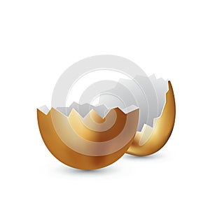 Broken golden easter egg on white background. Colored eggs. Cracked golden shell. Happy easter concept. Vector space for text