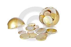 Broken golden egg with euro coins