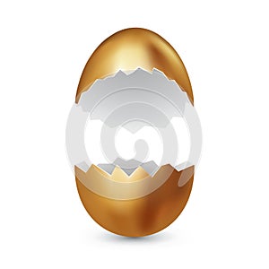 Broken golden egg on white background. Cracked golden shell. Broken egg  on white. Surprise gift concept. Vector