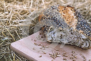 Broken grain bread and wheat outdoors