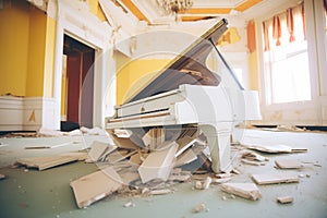 broken grand piano in manors ballroom