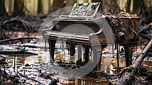 a broken grand piano sitting in the middle of muddy mud