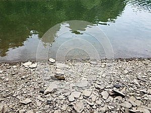 Broken grey rocks and water at shore of river or lake