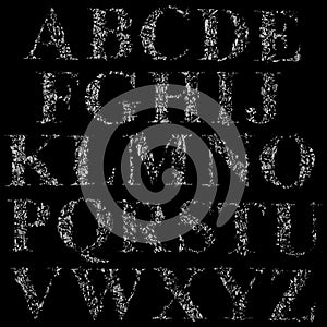 Broken grunge pixelated alphabet.White uppercase letters on black background.Art font.