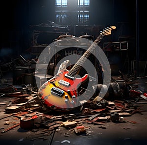 a broken guitar in music practice room.