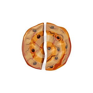 Broken in half cookies with chocolate chips. Bitten cookie on a white isolated background. Crumbled dessert. Vector