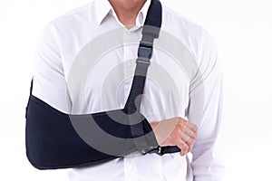 Broken hand wearing an arm brace