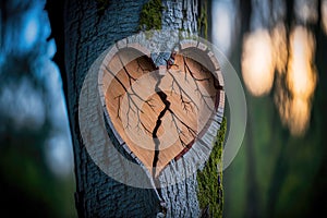 Broken heart carved in a tree - ecology, environment, CO2 pollution