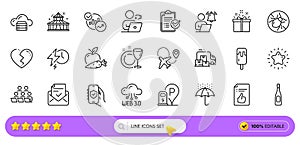 Broken heart, Charging station and Apple carrot line icons for web app. Pictogram icon. Line icons. Vector