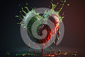 Broken heart concept. Poison of love. Green flames and poison drops flows down from the red cut heart. Generative AI photo