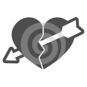 Broken heart with crack and arrow solid icon, dating concept, break up vector sign on white background, glyph style icon