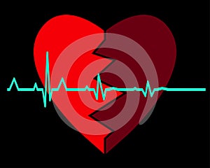 Broken heart with flatline on black background. vector illustration.