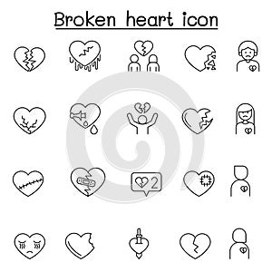 Broken heart, heartbreak icon set in thin line style