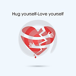 Broken heart icon.Hug yourself or Love yourself logo.