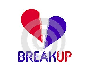 Broken heart icon lonely and missing mate lover girlfriend, divorce breakup and loneliness vector concept symbol, stylish