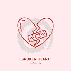 Broken heart illustration. Heartbreak flat line icon, relationship problem. Break up sign