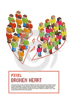 Broken heart made up of isometric pixel art people