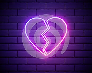 Broken heart neon light icon. Heartbreak glowing sign. Beak up. Vector isolated illustration