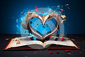 Broken heart on opened book with red hearts flying out of pages