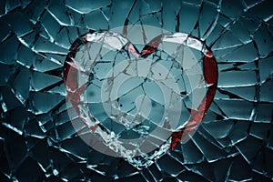 Broken heart shape in blue glass. Loneliness, Broken love, divorce, couple breakup concept