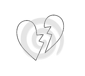Broken heart simple doodle outline vector illustration, cute thin anime line symbol of unhappiness, breaukup