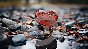 A broken heart sitting on top of a pile of rocks.