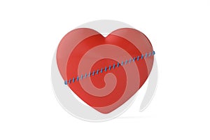 Broken heart. Stitch suture on heart shape, 3D rendering. 3D illustration