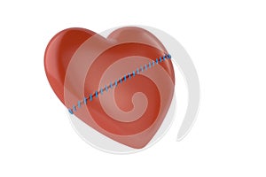 Broken heart. Stitch suture on heart shape, 3D rendering. 3D illustration