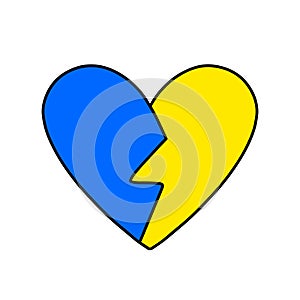 Broken heart symbol in blue and yellow ukranian flag colors