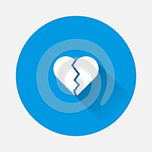 Broken heart vector icon on blue background. Flat image with long shadow