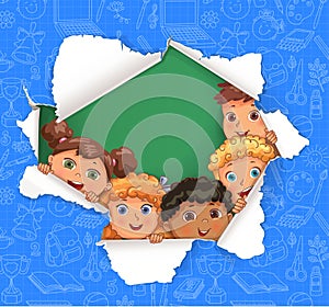 Broken hole in paper with school pattern and children inside place for advertising