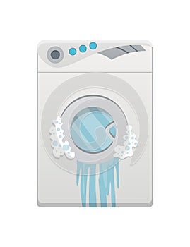 Broken home appliances. Damaged washing machine. Domestic icons isolated on white. Burning electronics. Homeappliances