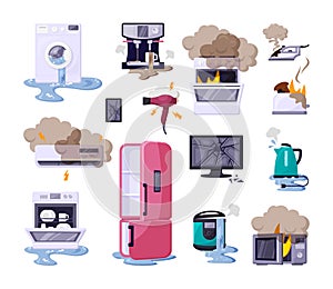 Broken home appliances flat vector illustrations set