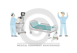 Broken hospital bed befor and after maintenance. Vector illustration isolated on white