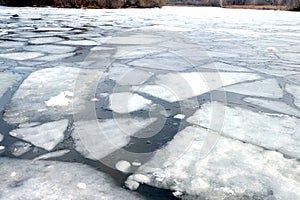 Broken ice floes float on the river