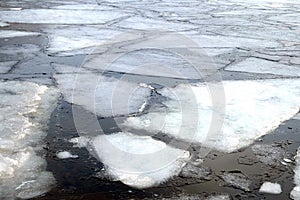 Broken ice floes float on the river